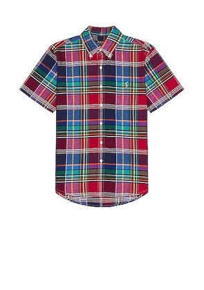 Polo Ralph Lauren Classic Oxford Short Sleeve Shirt in Dark Pink & Blue Multi - Red. Size S (also in ).