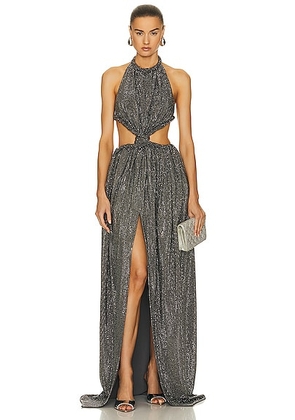 AREA Crystal Embellished Cutout Halter Gown in Charcoal - Charcoal. Size L (also in ).