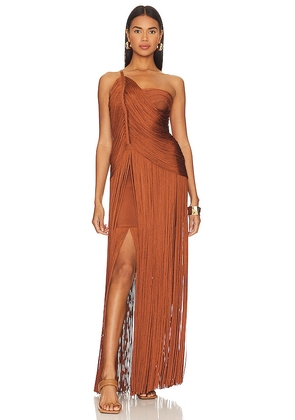 Herve Leger Draped Fringe One Shoulder Gown in Cognac. Size S, XS.