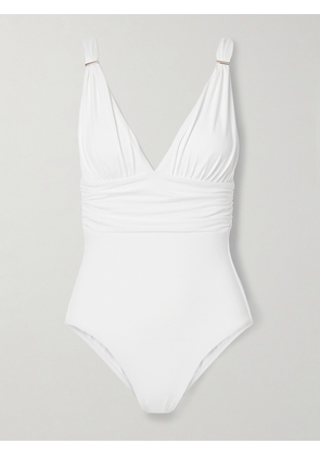 Melissa Odabash - Panarea Embellished Ruched Swimsuit - White - UK 6,UK 8,UK 10,UK 12,UK 14,UK 16