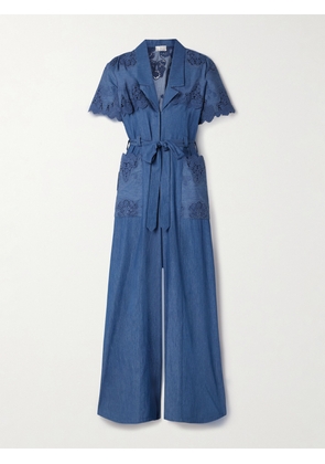 Miguelina - Tinsley Belted Guipure Lace-trimmed Cotton-chambray Jumpsuit - Blue - x small,small,medium,large