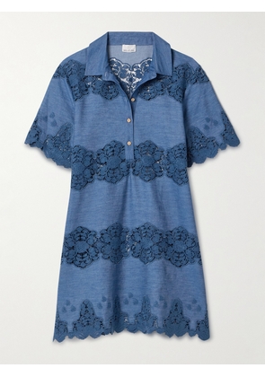 Miguelina - Elle Guipure Lace-trimmed Cotton-chambray Mini Dress - Blue - x small,small,medium,large
