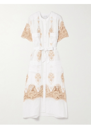 Miguelina - Coraline Belted Guipure Lace-trimmed Linen Midi Dress - White - x small,small,medium,large