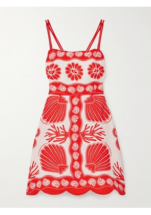 Farm Rio - Ainika Scalloped Printed Linen Mini Dress - Red - xx small,x small,small,medium,large,x large