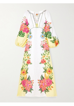 Farm Rio - Bloom Garden Bead-embellished Embroidered Knit-trimmed Linen Maxi Dress - Off-white - xx small,x small,small,medium,large,x large
