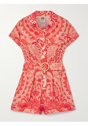Farm Rio - Jaipur Belted Pleated Printed Linen Playsuit - Red - xx small,x small,small,medium,large,x large