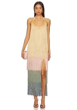 Andrea Iyamah Neme Fringe Midi Dress in Tan. Size XL/1X, XS.