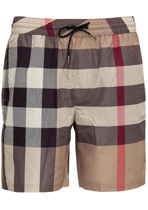 Burberry Beige Swim Trunks With All-Over Vintage Check Motif In Nylon Man