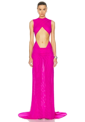 LaQuan Smith Sleeveless Criss Cross Draping Gown in Fuchsia - Fuchsia. Size L (also in M).