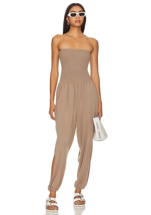 Bobi Strapless Jumpsuit in Taupe. Size M, S, XS.