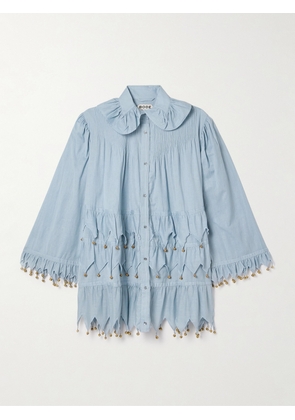 BODE - Carillon Petaluma Tiered Embellished Linen Mini Dress - Blue - x small,small,medium,large,x large