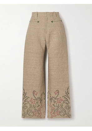 BODE - Embroidered Linen Wide-leg Pants - Brown - 26,27,28,29,30
