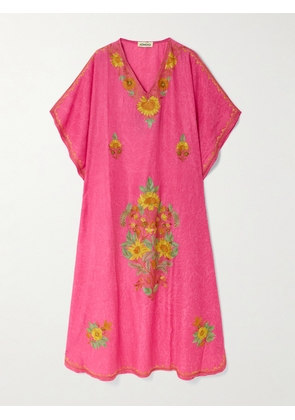 Admona - Embroidered Crinkled-gauze Kaftan - Pink - S/M,L/XL