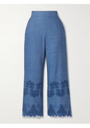 Miguelina - Alegra Scalloped Guipure Lace-trimmed Cotton-chambray Flared Pants - Blue - x small,small,medium,large