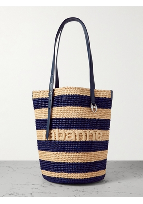 Rabanne - Leather-trimmed Logo-embroidered Striped Raffia Tote - Blue - One size