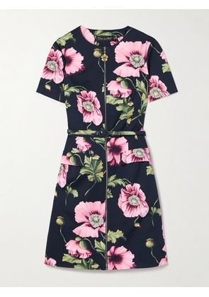 Oscar de la Renta - Belted Embellished Floral-print Cotton-blend Twill Mini Dress - Blue - US2,US4,US6,US8,US10,US12,US14