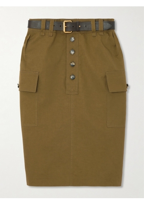 SAINT LAURENT - Belted Cotton And Linen-blend Twill Midi Skirt - Green - FR34,FR36,FR38,FR40,FR42