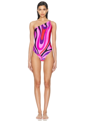 Emilio Pucci One Shoulder One Piece Swimsuit in Peonia & Rosso - Pink. Size L (also in M, S).