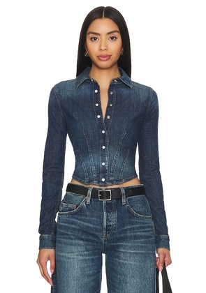 RE/DONE X Pam Anderson Fitted Denim Shirt in Blue. Size L, XS.