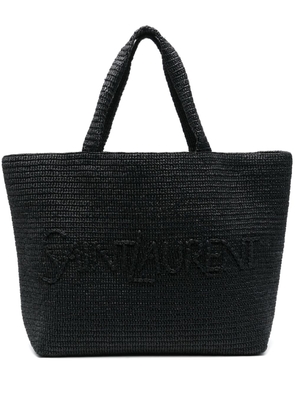Saint Laurent logo-embossed raffia tote bag - Black