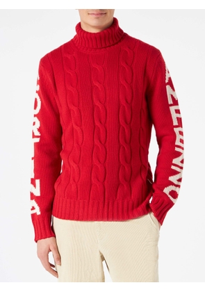 Mc2 Saint Barth Man Turtleneck Braided Sweater With Cortina Ampezzo Print