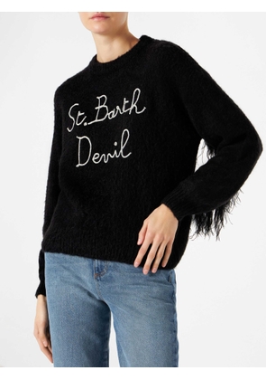 Mc2 Saint Barth Woman Black Brushed Crewneck Sweater With Fringe