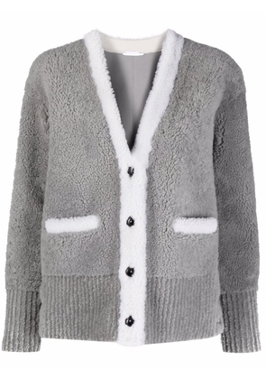 Thom Browne V-neck contrast-trim shearling cardigan jacket - Grey