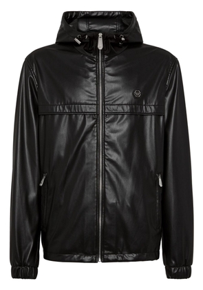 Philipp Plein logo-appliqué hooded leather jacket - Black