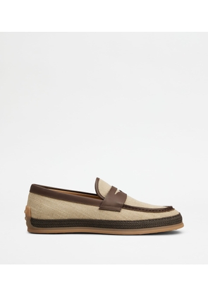 Tod's - Loafers in Canvas and Leather, BROWN,BEIGE, 10 - Shoes