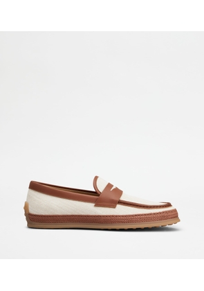 Tod's - Loafers in Canvas and Leather, BROWN,OFF WHITE, 10 - Shoes
