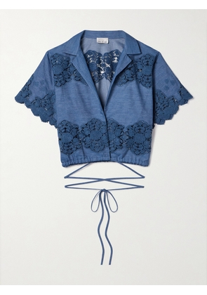 Miguelina - Brooklyn Guipure Lace-trimmed Cotton-chambray Wrap Top - Blue - x small,small,medium,large