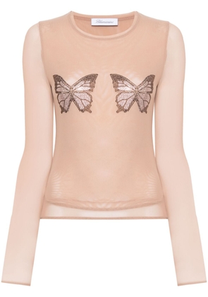 Blumarine crystal-butterfly tulle T-shirt - Neutrals