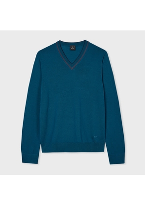 PS Paul Smith Cobalt Blue Merino Wool-Blend Contrast V-Neck Sweater