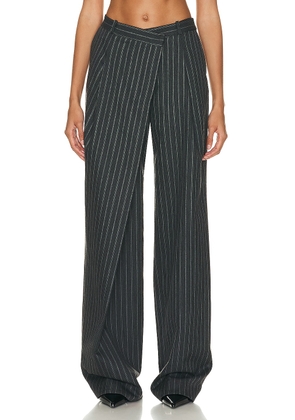 SIMKHAI Tayler Overlap Wide Leg Trouser in Grey Pinstripe - Charcoal. Size 2 (also in ).