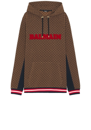 BALMAIN Mini Monogram Retro Hoodie in Marron  Marron Fonce  Marine  & Rouge - Brown. Size M (also in ).