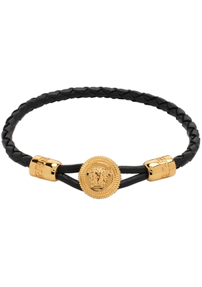 Versace Black & Gold Medusa Biggie Braided Leather Bracelet