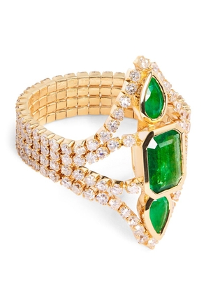 Shay Yellow Gold, Diamond And Emerald Deco Stacked Thread Ring