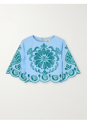 Farm Rio - Broderie Anglaise Cotton-poplin Top - Blue - xx small,x small,small,medium,large,x large