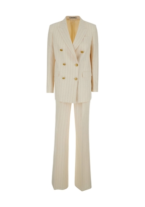 Tagliatore Beige Striped Double-Breasted Suit In Cotton And Linen Woman