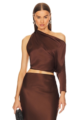 The Sei One Sleeve Drape Top in Chocolate. Size 0, 4.