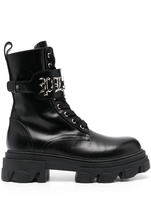 Philipp Plein logo-plaque leather combat boots - Black