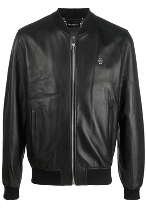 Philipp Plein logo-patch leather bomber jacket - Black
