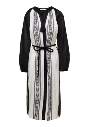 Black And White Embroidered Caftan With Tie And Tassels In Linen Woman Tory Burch