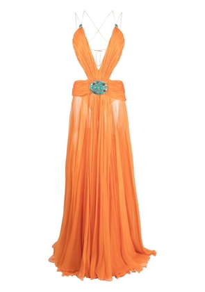 Roberto Cavalli pleated silk V-neck gown - Orange