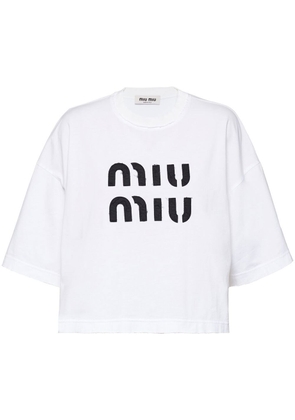 Miu Miu logo embroidered cropped T-shirt - White
