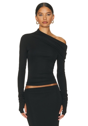 Helsa Matte Jersey Drape Shoulder Top in Black - Black. Size XS (also in XXS).