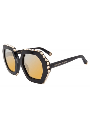 Philipp Plein Smoke Mirror Gold Hexagonal Ladies Sunglasses SPP039V 700G 53