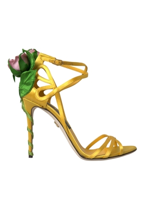Dolce & Gabbana Yellow Flower Satin Heels Sandals Shoes - EU39/US8.5