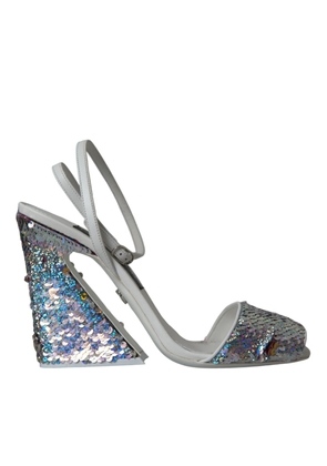 Dolce & Gabbana White Silver Sequin Ankle Strap Sandals Shoes - EU39/US8.5