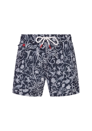 Kiton Navy Blue Swim Shorts With White Fantasy Print